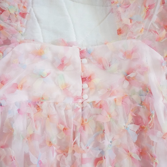 STORIA Womens Top Blouse Puffy Sleeves Floral Appliques Square Neck Pink Size S - Picture 7 of 10